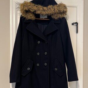 Womens Large BASS Navy Wool Jacket Coat Removable Faux Fur Hood Double Breasted